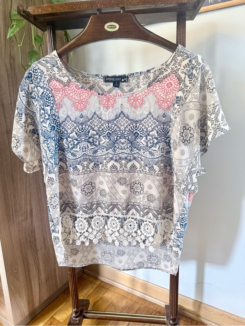 living doll Blue & Pink Printed Top with Crochet Hem